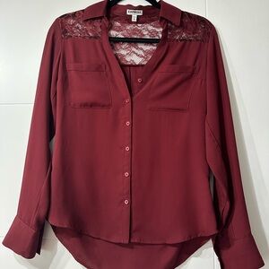 Express Women's Burgundy Button Down Shirt with Lace